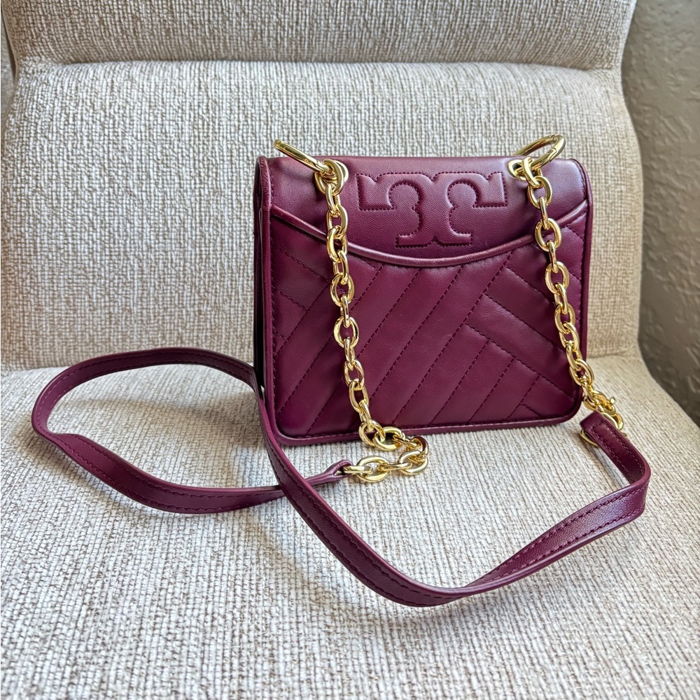 Tory Burch Burgundy Crossbody Bag with Gold Chain